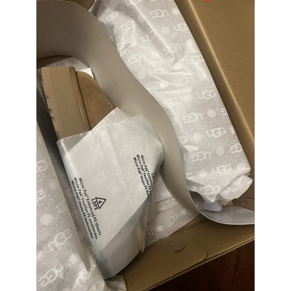 UGG TAZZLE CHESTNUT SUEDE SHEARLING MULE PLATFORM WOMEN'S SLIPPERS SIZE US 7 NEW - Picture 2 of 8